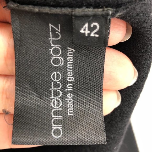 Annette Gortz Black Long Sleeve 100% Wool Blazer w/Hook Buttons & Leather Trim L - Picture 4 of 11